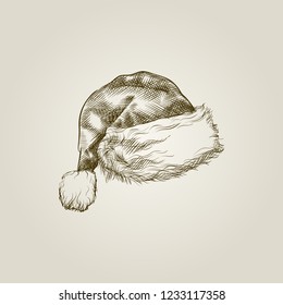 Hand Drawn Santa Hat Sketch Symbol isolated on background. Christmas hat Vector In Vintage Style