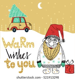 Hand drawn Santa .Merry Christmas greetings with Santa.Merry Christmas lettering.Great design element for congratulation cards, banners,calendar and flyers.