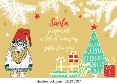 Hand drawn Santa .Merry Christmas greetings with Santa.Great design element for congratulation cards, banners,calendar and flyers.