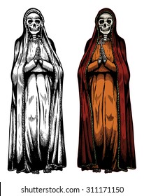 Hand drawn of Santa Muerte praying skeleton