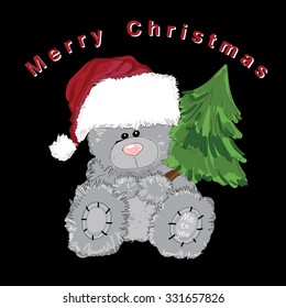 Hand drawn Santa teddy bear isolated with fir on black, vector illustration.