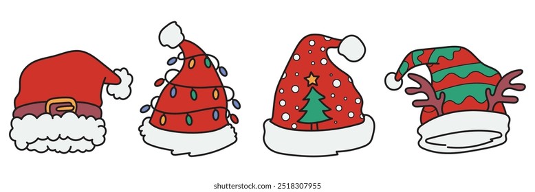 Hand drawn santa's hat set, vector, christmas hat