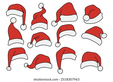 Hand drawn santa's hat set, vector, christmas hat