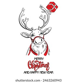 Hand Drawn Santa's reindeer with a gift.  Line art vector illustration with lettering Marry Christmas and Happy New Year. Nice for postcards and prints.