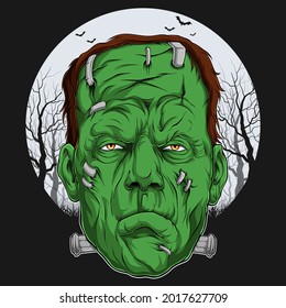 Hand drawn sapient creature Frankenstein face over moon, scary stitched mythical green character 