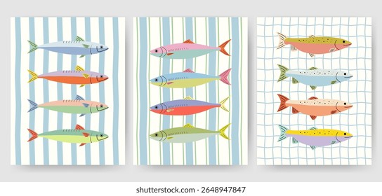 Hand drawn sardine and fish illustrations on nautical striped backgrounds. Colorful seafood poster design. Cute coastal fish decor. Summer kitchen art and seafood restaurant wall print.