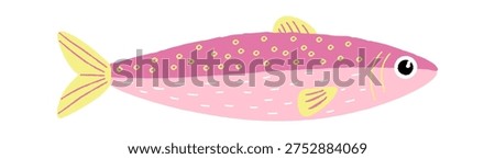 Hand drawn sardine fish with naive crayon texture, dotted scale pattern, big eye, and fin detail in a horizontal swim. Symbol of sea life, simplicity, childhood, and calm mood. Vector illustration