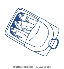 Hand drawn sardine tin can illustration with textured sketch lines and vintage character. Mediterranean seafood product in outline vector style. Ideal for packaging, menu design and food themes