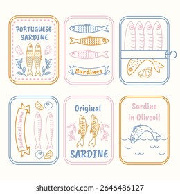 Ilustrações desenhadas à mão de estanho de sardinha. Rótulos de peixe enlatados estilo doodle vintage. Sardinhas portuguesas, frutos do mar com azeite de limão, ícones retrô de embalagem de peixes. Arte de esboço de produto do Mediterrâneo costeiro.