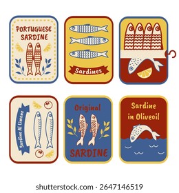 Hand drawn sardine tin illustrations. Vintage doodle style canned fish labels. Portuguese sardines, lemon olive oil seafood, retro fish packaging icons. 
Coastal Mediterranean product sketch art.
