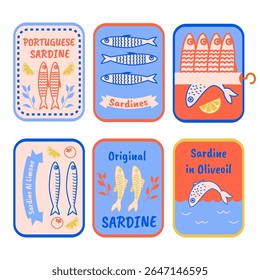 Hand drawn sardine tin illustrations. Vintage doodle style canned fish labels. Portuguese sardines, lemon olive oil seafood, retro fish packaging icons. 
Coastal Mediterranean product sketch art.
