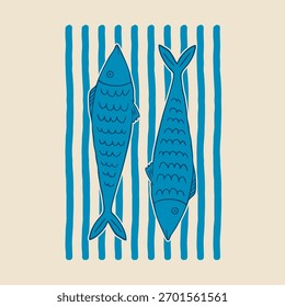 Sardinas dibujadas a mano, Ilustración vectorial, impresión, patrón sin costuras, de moda, moda, textil, tela