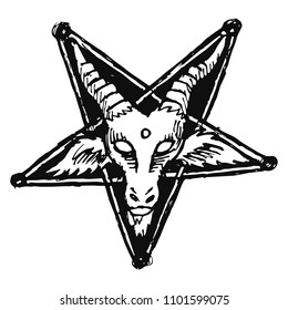 Hand drawn satanic goat head on pentagram. Baphomet. Illustration for tattoo, print, emblem