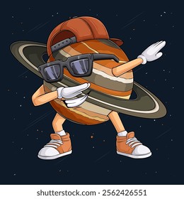 Hand drawn Saturn planet character wearing brown cap, sunglasses doing dab dance, Saturn dabbing 