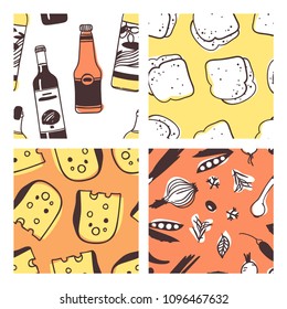 Hand drawn sauces, bread, cheese, onion, garlic, green peas. Vector artistic seamless pattern with food. Actual illustration  vegetable