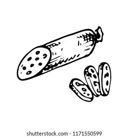Hand drawn sausage doodle. Sketch food and drink, icon. Decoration element. Isolated on white background. Vector illustration.