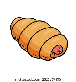 Hand drawn sausage in dough isolated on white background. Food illustration isolated on white. Bakery product