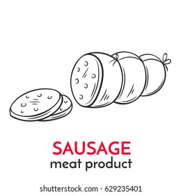 Hand drawn sausage icon. Vector badge meat product sketch style for brochures, banner, packagingmenu and market