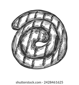 Hand drawn sausage spiral isolated on white background. Sketch style grilled sausage ring. Engraving vector illustration of snail sausage
