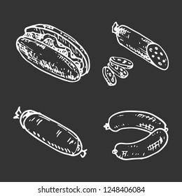 Hand drawn Sausages kind, Set of sketches meat products. Freehand food icons.