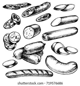 Tipo de salsichas desenhadas à mão, Conjunto de esboços de produtos de carne. Ícones de comida à mão livre