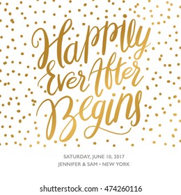 Hand Drawn Save the Date Printable with the Phrase "Happily Ever After Begins". Save the Date Card Invitation