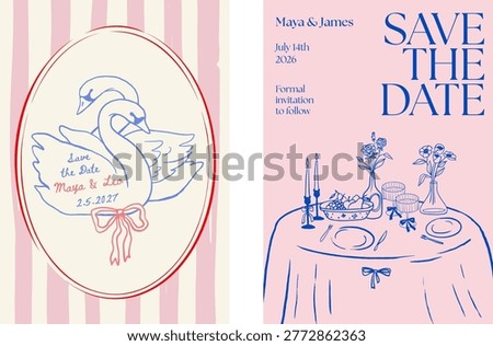 Hand drawn save the date wedding invitation template with vintage girlie doodles and retro swan line art vector illustrations