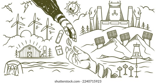 Dibujo manual del doodle de ecología de energías renovables de ahorro de la tierra.