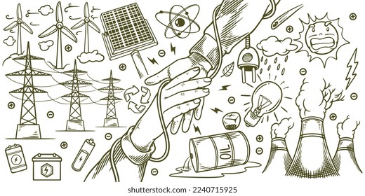 Hand drawn of save earth renewable energy ecology doodle set elements.