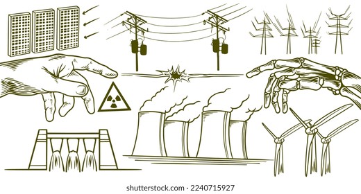 Handgezeichnet von erderneuerbaren Energien Ökologie doodle Elemente Set.