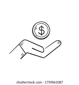 hand drawn save money icon, salary money, invest finance, hand holding dollar, doodle symbols on white background