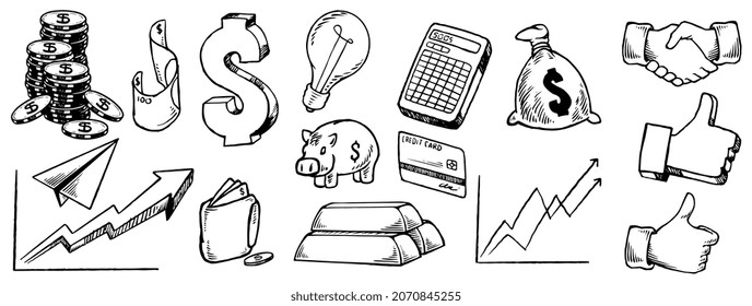 Hand drawn saving money set. Finance, payments, banks, cash. Doodle icon concept of a component that is geared towards success of business, financial or in your life. Vector illustrations 