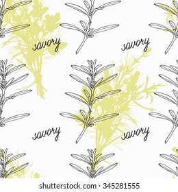 Hand drawn savory branch and handwritten sign. Spicy herbs seamless pattern with hand lettering seasoning title. Doodle kitchen background. Vector illustration