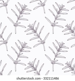 Hand drawn savory branch outline seamless pattern. Doodle drawing spicy herbs. Kitchen background. Hand drawn seasoning. Vector illustration
