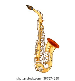 Hand drawn saxophone isolated on white background. Musical instrument. Jazz band tool. Shine saxophone for art blog, music design, jazz festival poster, etc.