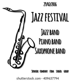Hand drawn saxophone. Jazz music festival. Poster background template with saxophone, vector billboard or placard. Illustration for your fest, concert, event.
