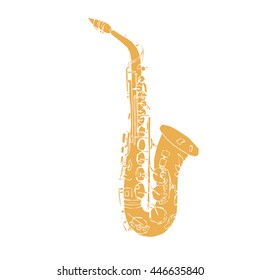Hand drawn saxophone. Musical instrument for decorate and design. Abstract saxophone isolated on white for logo or icon, for jazz festival or music shop.