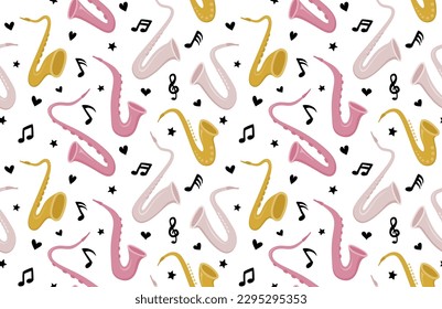 Hand drawn saxophone seamless pattern