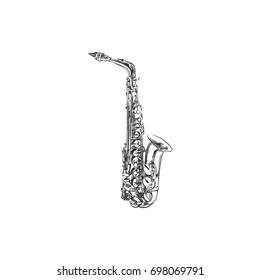 Hand Drawn Saxophone Sketch Symbol. Vector Sax Element In Trendy Style.