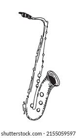 Hand drawn Saxophone. Vector illustration of classical Music Instrument in doodle style. Vintage Sketch of Trumpet