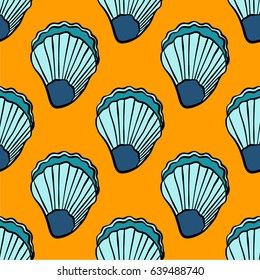 Hand drawn 
scallop seashell seamless pattern on a yellow background. Sea motive decorative design.