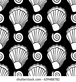 Hand drawn 
scallop seashell seamless pattern on a yellow background. Monochrome sea motive decorative design.