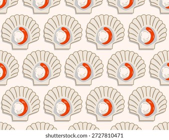 Patrón sin fisuras de concha de vieira dibujado a mano con carne de vieira de mar y coral, mínima repetición de Vector plano sobre fondo pastel. Textura linda del marisco para el empaquetado, materia textil, Fondo de pantalla, diseño del menú del sushi.
