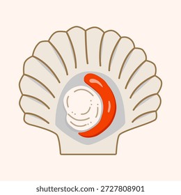 Icono de sushi de concha de vieira dibujado a mano con huevas, Ilustración vectorial plana de dibujos animados sobre fondo pastel. Estilo de logotipo de mariscos mínimo para el menú japonés, marca de restaurante, pegatina, ícono de App, embalaje.
​