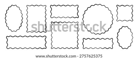 Hand drawn scallop wiggly edge frame different geometric shape. Black silhouette scalloped borders, serrated badges with wavy lace edges. Rectangle, oval, square, circle framework. Jagged box elements