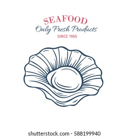 Hand drawn Scallops icon. Vector badge seafood in the old ink style for brochures, banner, restaurant menu and market