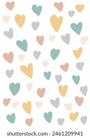 Hand drawn Scandi style pastel hearts pattern design background