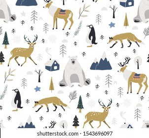 Hand drawn scandinavian animals in the forest, seamless pattern. Scandinavian style traditional. Vector illustration. Christmas animals in the winter forest.