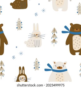 Hand drawn scandinavian animals in the forest, seamless pattern. Scandinavian style traditional motifs. Vector illustration.