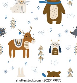 Hand drawn scandinavian animals in the forest, seamless pattern. Scandinavian style traditional motifs. Vector illustration.